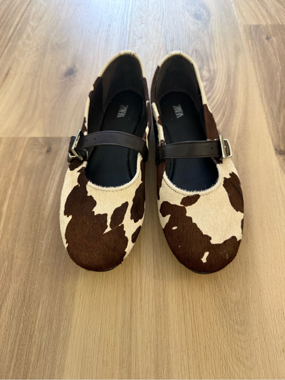 Zara Brown & Cream Cow Print Ballet Flats